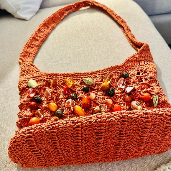 Cappelli Straworld Orange Jeweled Large Beads Shoulder or Handbag Purse 22 X 11” - Picture 3 of 7